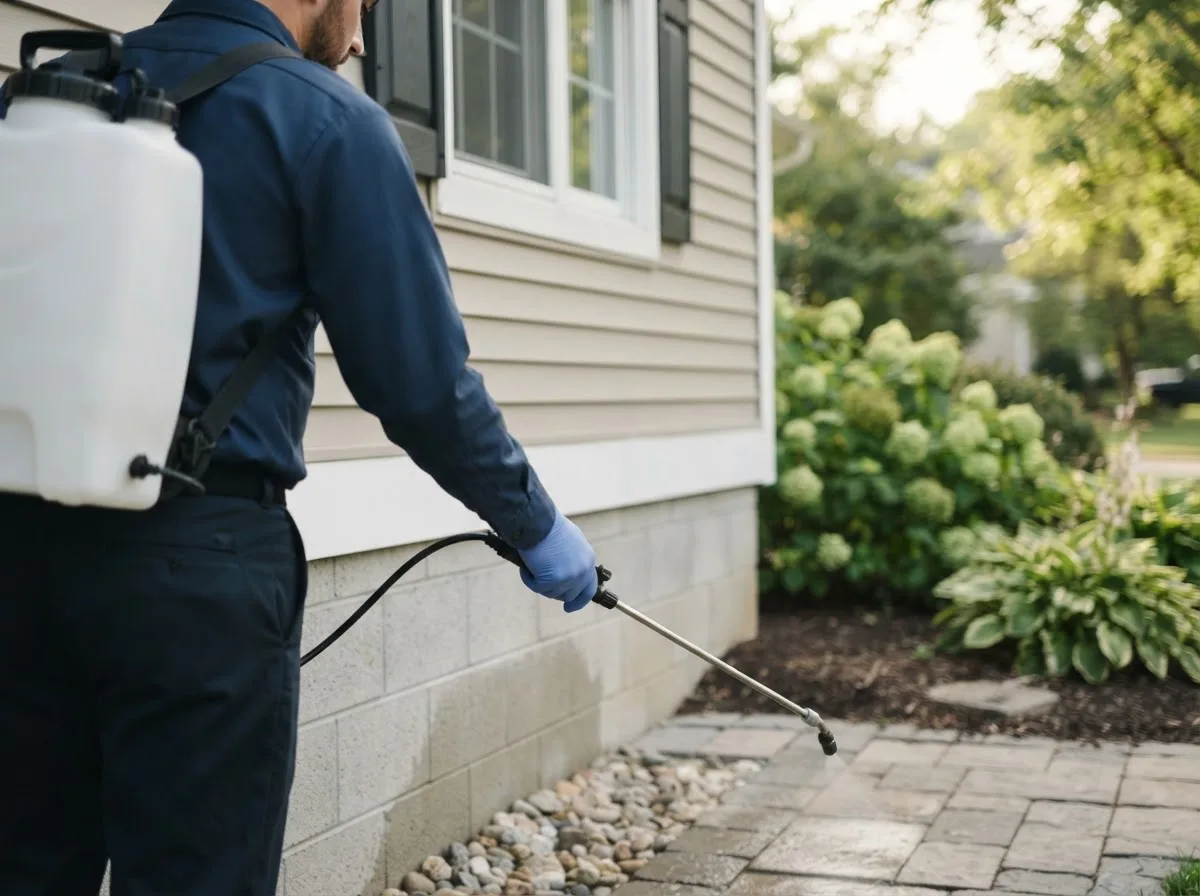 Pest control technician inspecting a home in Hemphill, TX